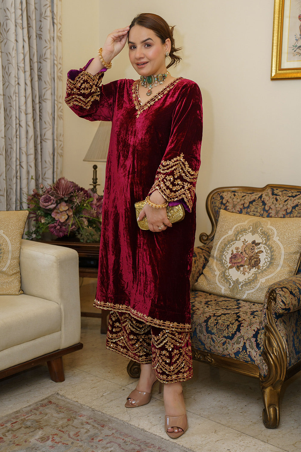 SILK VELVET POCKET KURTA SET