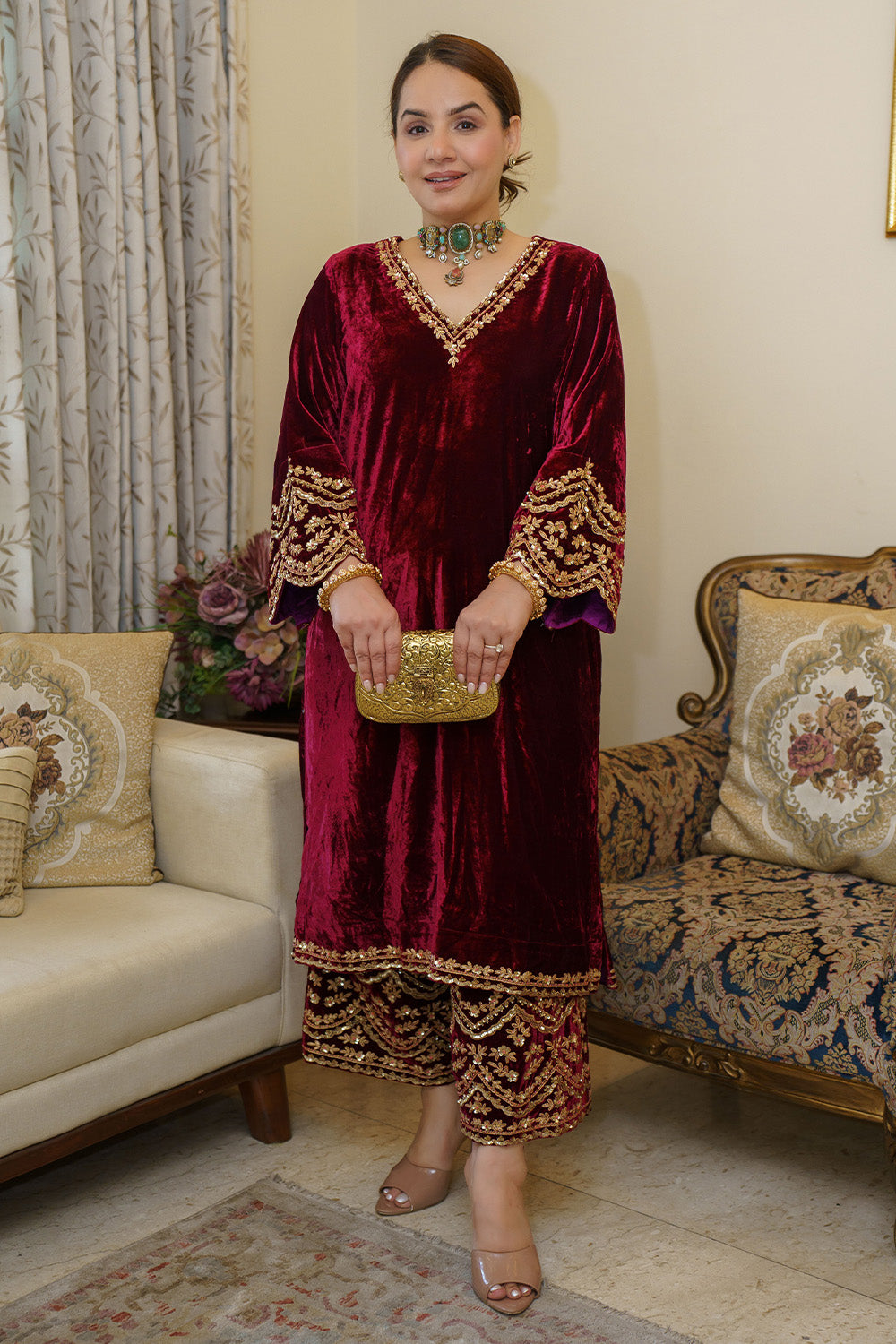 SILK VELVET POCKET KURTA SET