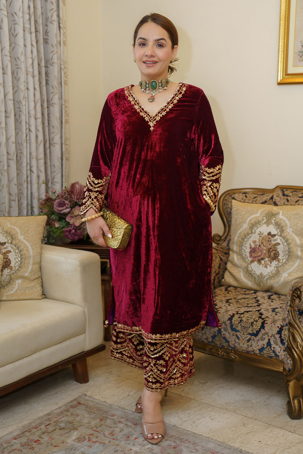 SILK VELVET POCKET KURTA SET