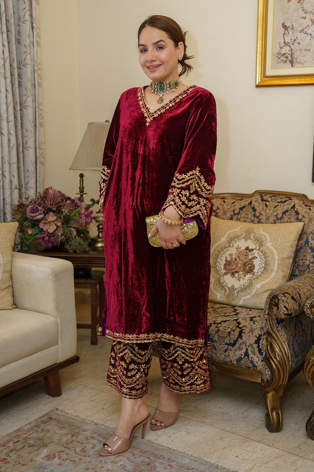 SILK VELVET POCKET KURTA SET